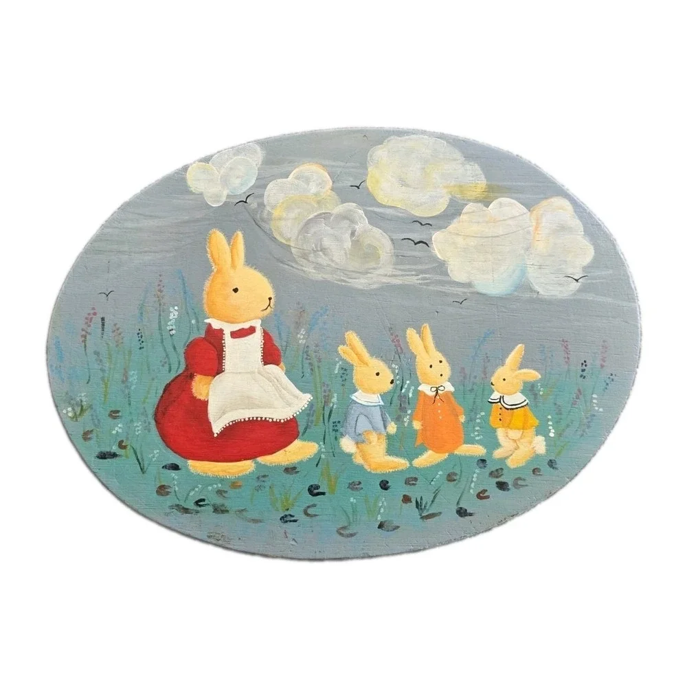 Vintage Hand Painted Wood Plaque Bunny Rabbit Family Folk Art Beatrix Potter